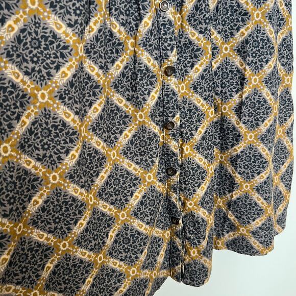 Maeve Button Front Collared Dress Gray Mustard Print Cotton Retro Boho Prairie - Picture 11 of 15